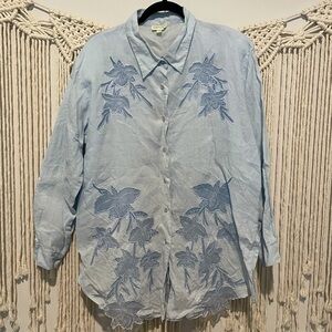 Vintage Cleopatra Hippie Baby Blue Linen Floral Lace Long Sleeve Top Sz XXL